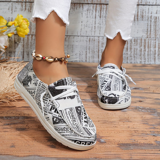 Women's Letter Print Canvas Shoes, Casual Lace Up Outdoor Sneakers, Lightweight Low Top Walking Shoes