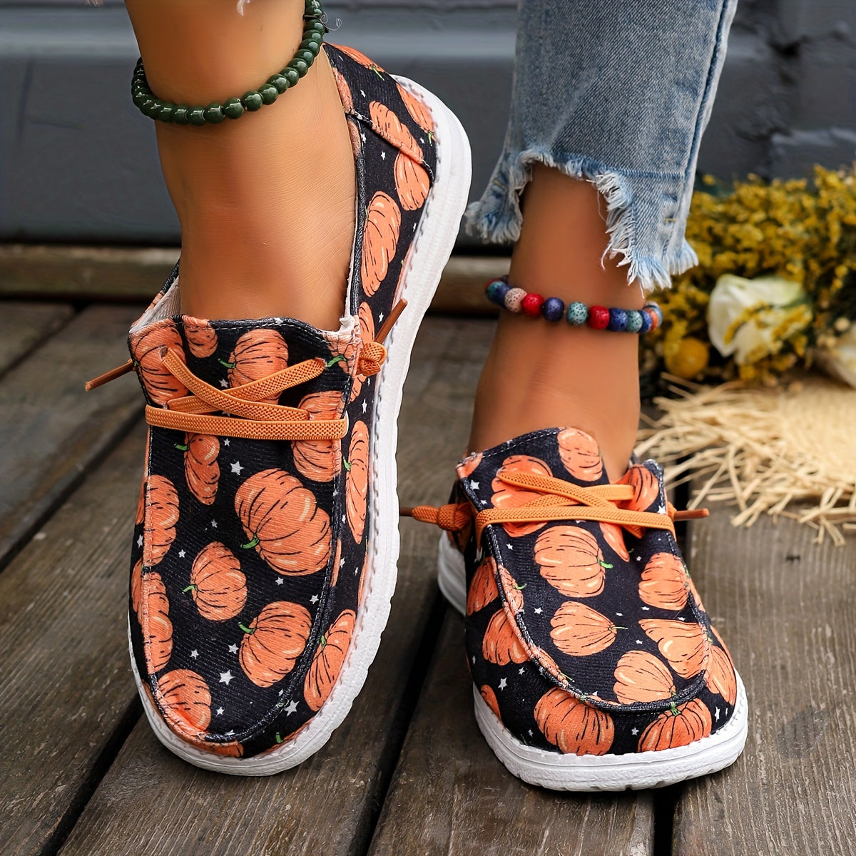 Women's Pumpkin Pattern Canvas Shoes, Causal Lace Up Low Top Flat Shoes, Halloween Style Shoes